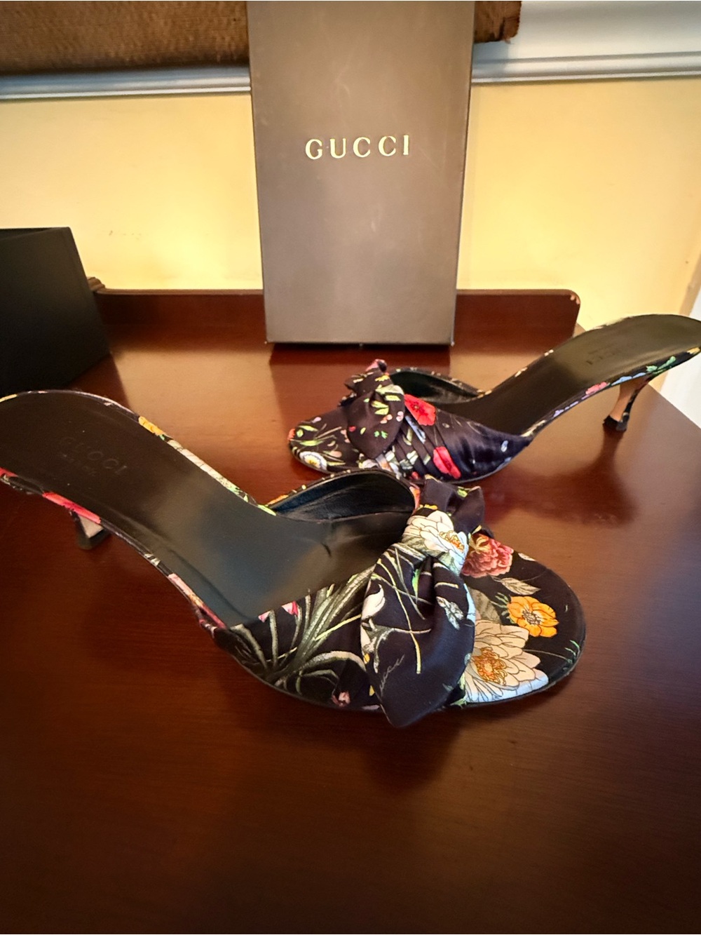 Gucci Black Floral Bow Slide Mules